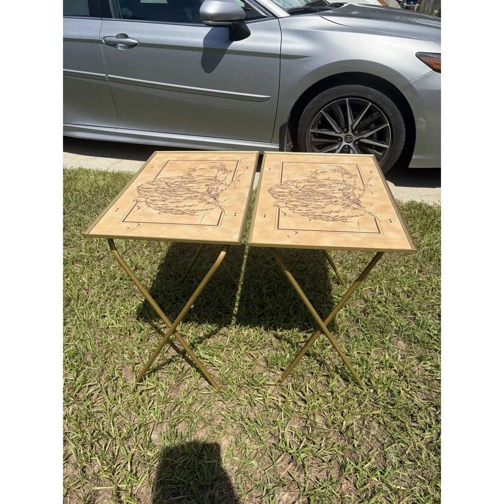 Vtg Lavada Weeping Willow Trees Mid Century Metal Tv Tray Tables Stands Set of 2